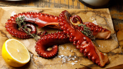 octopus and lemon platter on utensils