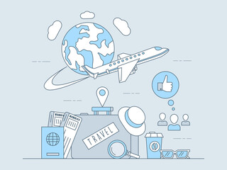 Air travel mobile application vector outline concept. Flying around the planet plane, baggage with passport and tickets, location point signs. Traveling, vacation, online booking app elements.