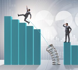 Business people jumping over bar charts