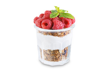 Raspberry Greek yogurt granola parfait in a glass on a white isolated background