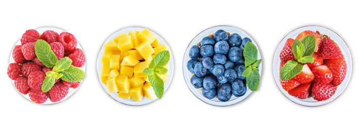 Set of Greek yogurt granola parfaits with strawberries, blueberries, mango fruits and raspberries...