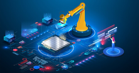 An engineer checks and controls the automation of robotic machine in an intelligent industrial plant. An automated wireless robotic arm in a smart factory assembles a microchip, cpu, new technologies
