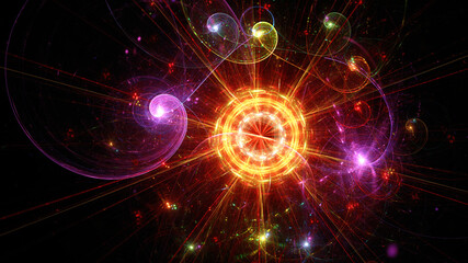 Abstract background, smooth multicolored lines on a black background.