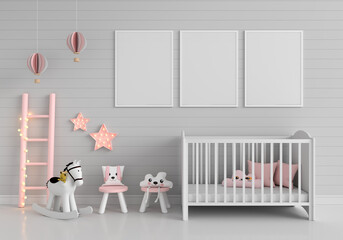 Gray child room with frame mockup, 3D rendering