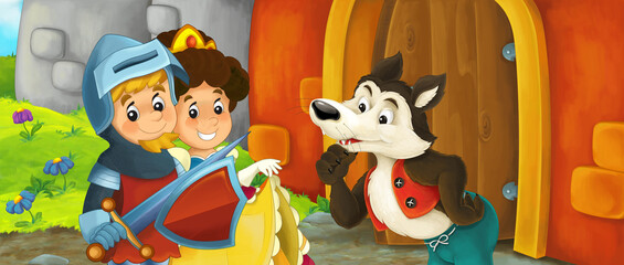 Obraz na płótnie Canvas Cartoon king knight queen wolf near castle entrance