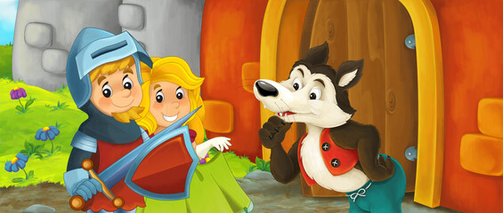 Cartoon king knight queen wolf near castle entrance