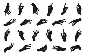 Fotobehang Set of various black silhouette woman hands. Vector collection of female hands of different gestures. Trendy minimal style for logos, prints, designs, illustrations. © Valedi 