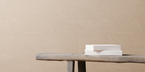 Mediterranean style mockup for product presentation. White book and vintage wooden bench on beige background. Clipping path of each element included. 3d rendering illustration. 