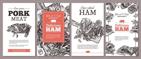Design of cards, posters, labels or tags for meat farm natural products. Templates with jamon, ham, pork with hand drawn greenery and vegetables. Layouts with sketch illustrations