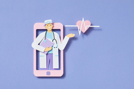 Paper doctor on a smartphone screen gives consultation.