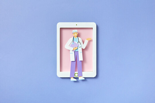 Paper doctor on tablet screen gives tele-consultation.