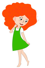 Red-haired funny girl in a green sundress, barefoot girl looking down shyly