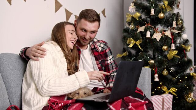 young people sit comfortably under a blanket fucking a Christmas tree and laugh at the video in their laptop in quarantine