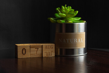 August 07. Image of the calendar August  07 wooden cubes and an artificial plant on a brown wooden table reflection and black background. with empty space for text