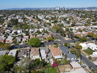 Aerial view above Reynier Village neighborhood in West Los Angeles, California. USA