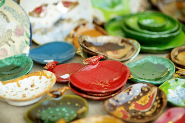 Ceramic dishes, tableware and jugs sold on Easter market in Vilnius