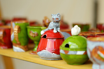 Ceramic dishes, tableware and jugs sold on Easter market in Vilnius