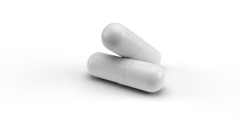 Two medical capsules, isolated on a white background. Capsules for the medicine. 3D rendering.