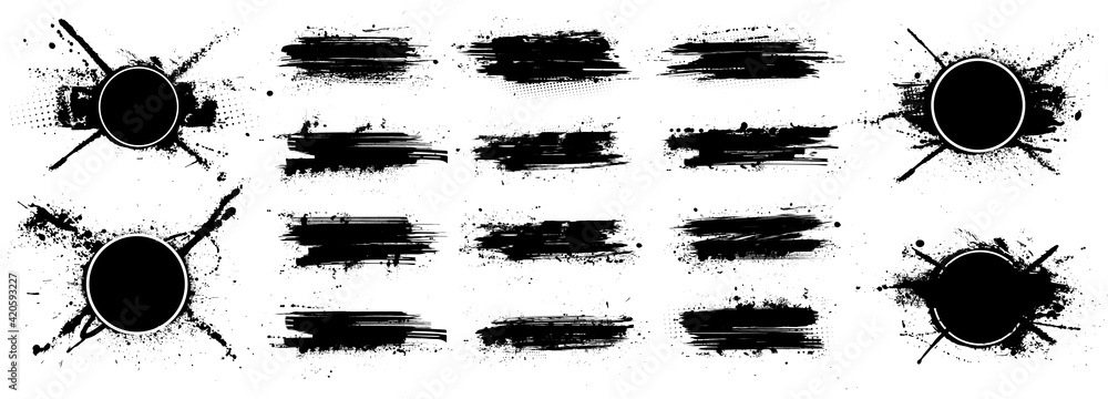 Fototapete Brushstroke collection paint stencil with splashes. Grunge brush stroke texture and art compositions with frame. Dirty artistic design box, ink elements with drops blots. Vector Brush stroke set