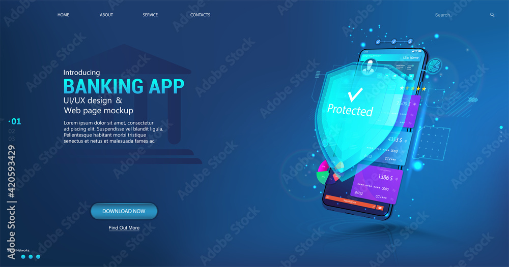 Aufkleber Online banking App and Data protection and money protection. Web payment with credit debit card NFC technology and High level payment security. Smartphone with UI banking App. Vector Web banner
