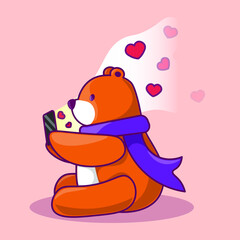 Bear with a phone. The bear with hearts in air. Flat vector illustration.  