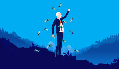 Retire rich - Happy senior man enjoying his pension money, smiling with thumbs up. Finance and retirement concept. Vector illustration.