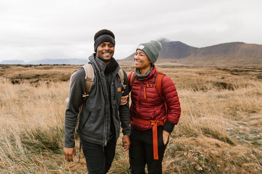 Young couple hiking.