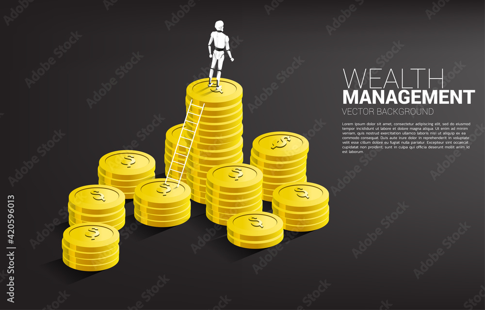 Poster Robot standing on top of stack of coin with ladder. Concept of artificial intelligence and machine learning, worker technology.