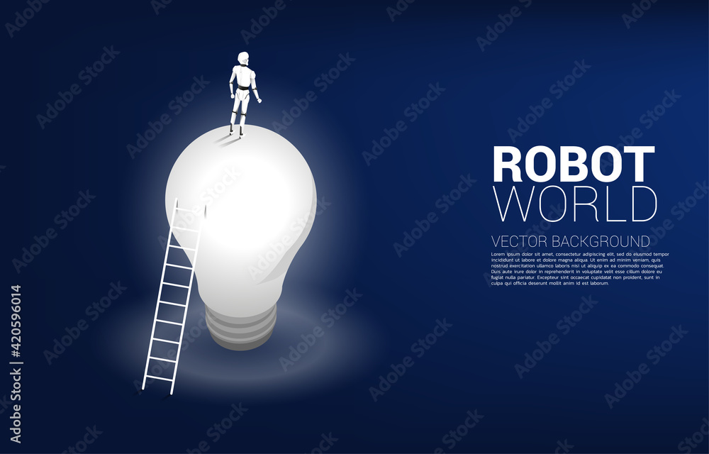 Poster Robot standing with ladder on light bulb. Concept of artificial intelligence and machine learning, worker technology.