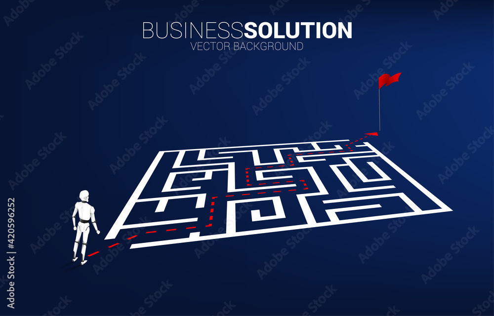 Poster Robot standing on route path go around the maze to goal. A.I concept for problem solving and finding idea.