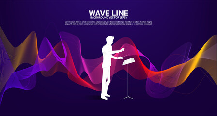 Vector silhouette of conductor with sound waves in background . Concept background for orchestra concert and recreation. © Panithan