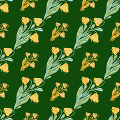 Decorative seamless pattern with orange flowers bouquet print. Green background. Doodle hand drawn artwork.