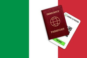 Immunity passport and test result for COVID-19 on flag of Italy