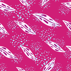 Bright seamless doodle pattern with white doodle leaf silhouettes. Pink background with splashes.