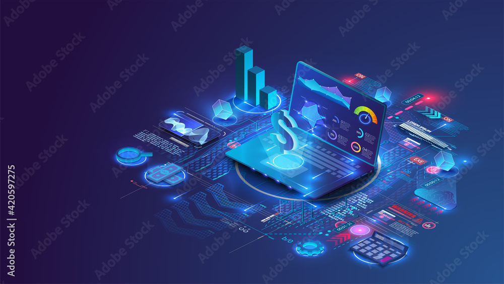 Poster concept of financial management,business strategies. financial overview with notebook elements and i