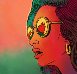 Portrait Illustration Of Surprised Beautiful Girl With Glasses