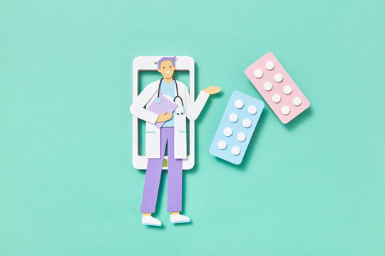 Papercraft doctor on a smartphone screen with meds.
