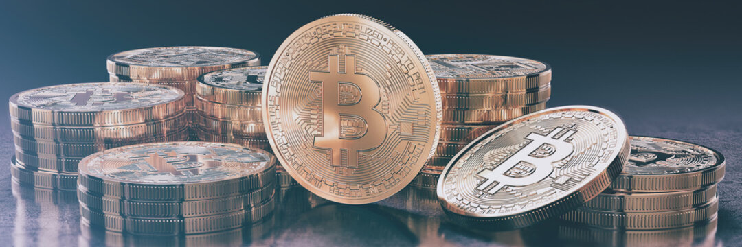 3d render of some physical golden bitcoins