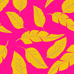 Fototapeta na wymiar Bright seamless vector pattern with big yellow palm leaves on pink background. Good print for wrapping paper, packaging design, wallpaper, ceramic tiles, and textile