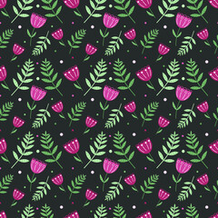 Seamless pattern with bright flowers and green leaves on a dark background.Great for fabrics, wallpapers, textiles, packaging.
