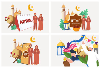 Set Ramadan Kareem Greeting card Calligraphy with Traditional lantern, moon and Mosque. Vector Illustration.
