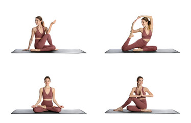 Young woman practicing yoga on white background, collage