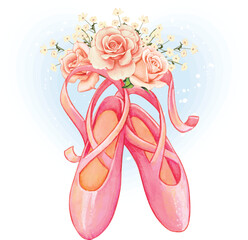 Pink ballerina shoes and roses bouquet