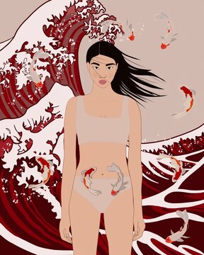 Asian woman in underwear against sea waves