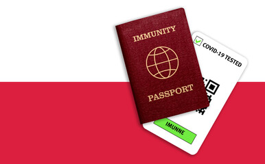 Immunity passport and test result for COVID-19 on flag of Poland