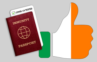 Immunity passport and test result for COVID-19 with thumb up with flag of Ireland