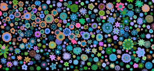 Sfondo banner nero con tanti fiori colorati di colori diversi 