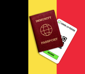 Immunity passport and test result for COVID-19 on flag of Belgium.