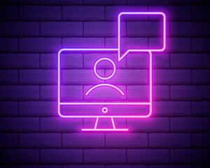laptop outline pink neon icon. Elements of friendship line icon. Signs, symbols and vectors can be used for web, logo, mobile app, UI, UX . Online webinar icon . E-learning symbol.