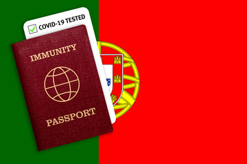 Immunity passport and test result for COVID-19 on flag of Portugal